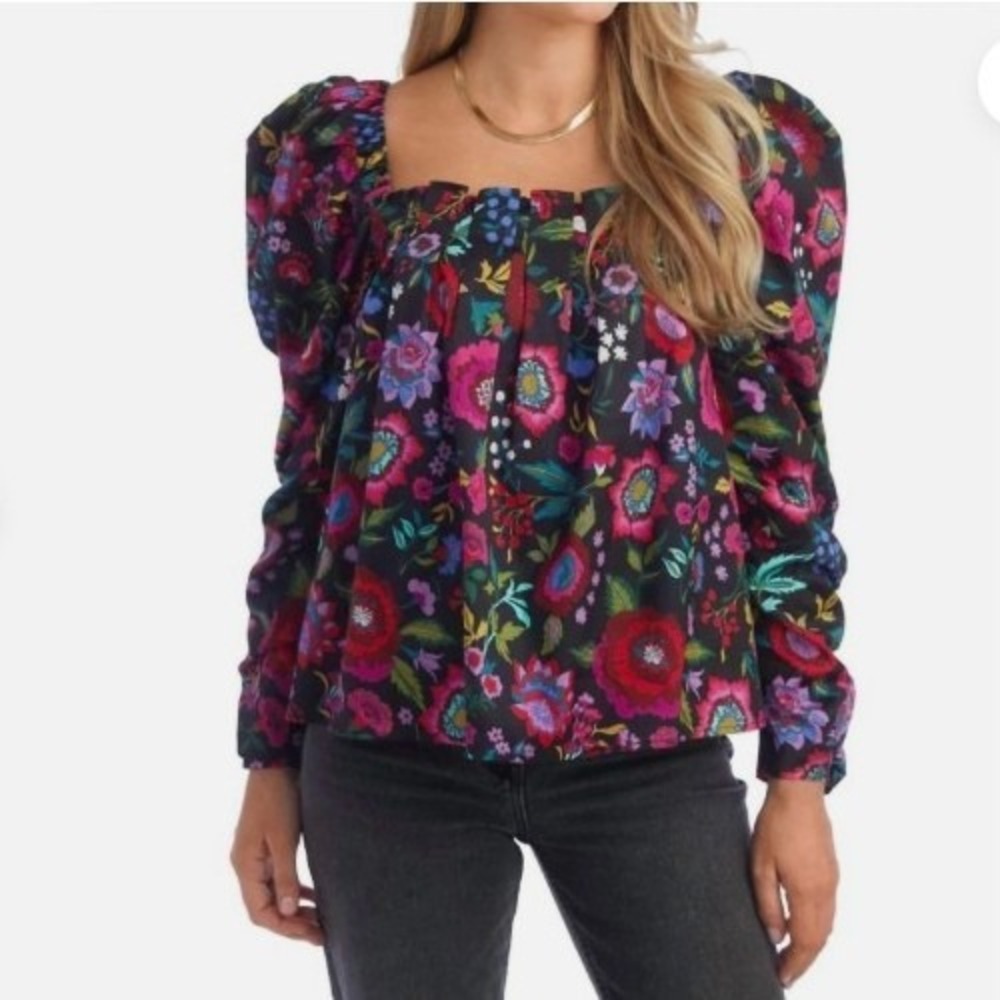 Crosby Mollie Burch Winnie Puff Sleeve Top size XS Black Multicolor‎ Floral NWT